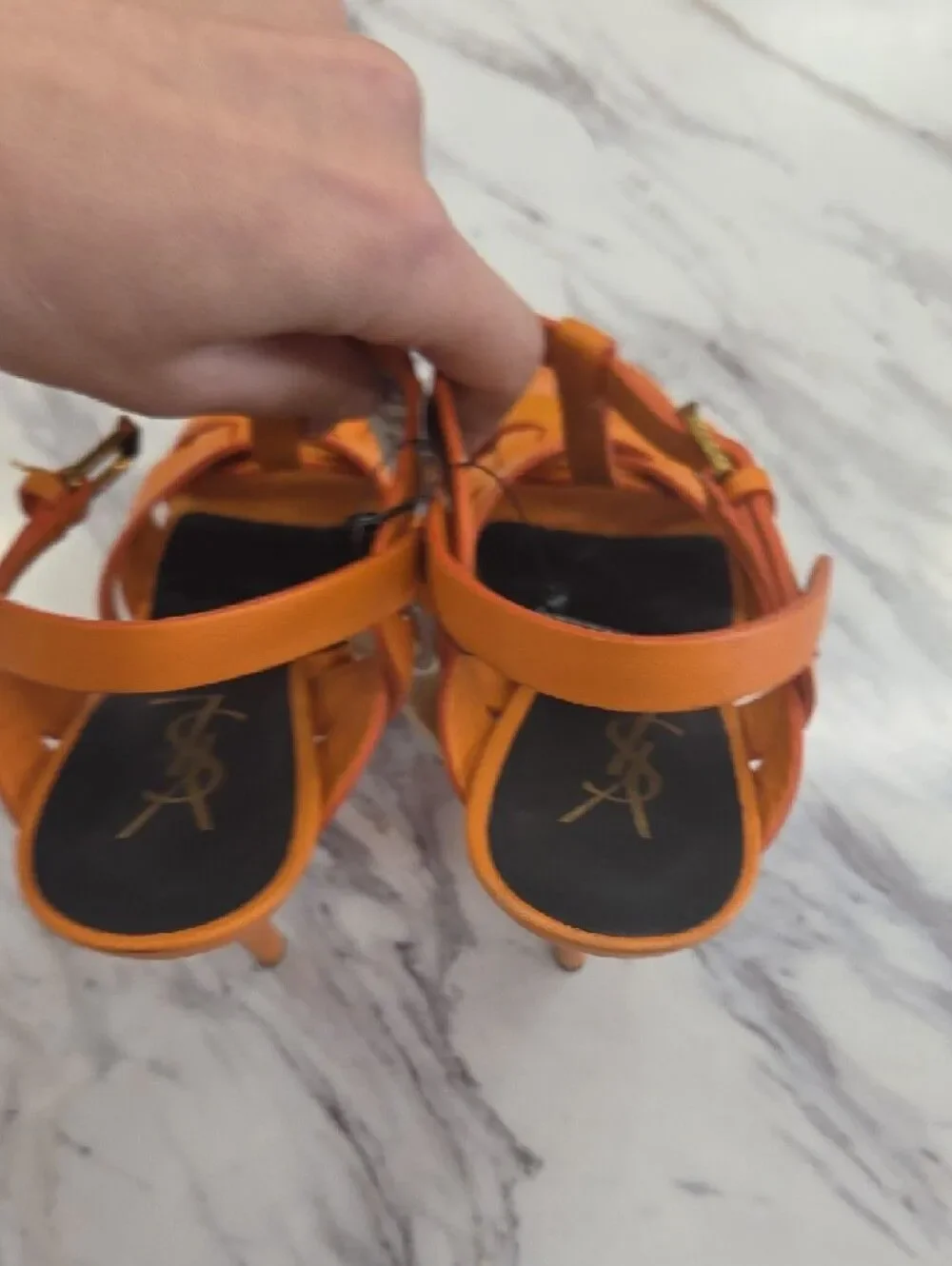 Yves Saint Laurent Orange Platform T-Strap Stiletto Sandals